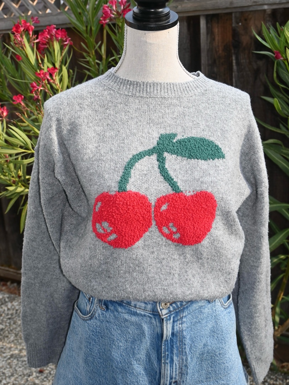 Cozy Gray Cherry Sweater